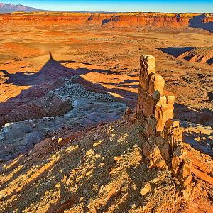 North Six-shooter Peak and its shadow at sunset, Indian Creek district near Canyonlands NP, Utah.