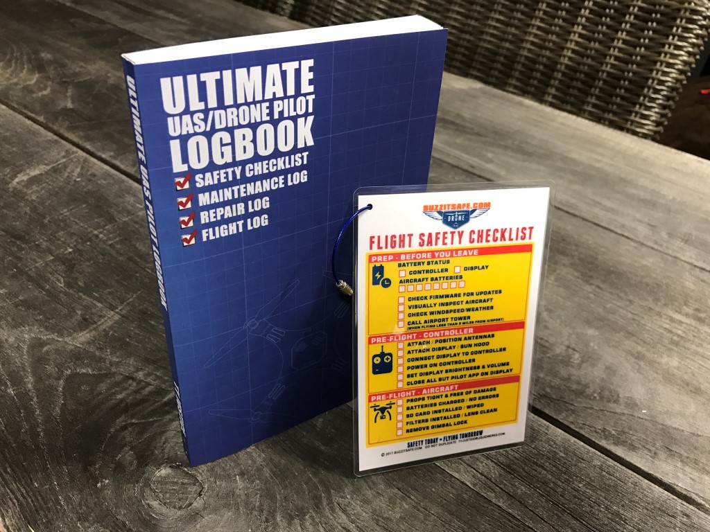 Ultimate UAS/Drone Pilot Logbook & Buzzitsafe Yellow/Blue Safety Pre-Flight Checklist w/ Ring Clasp